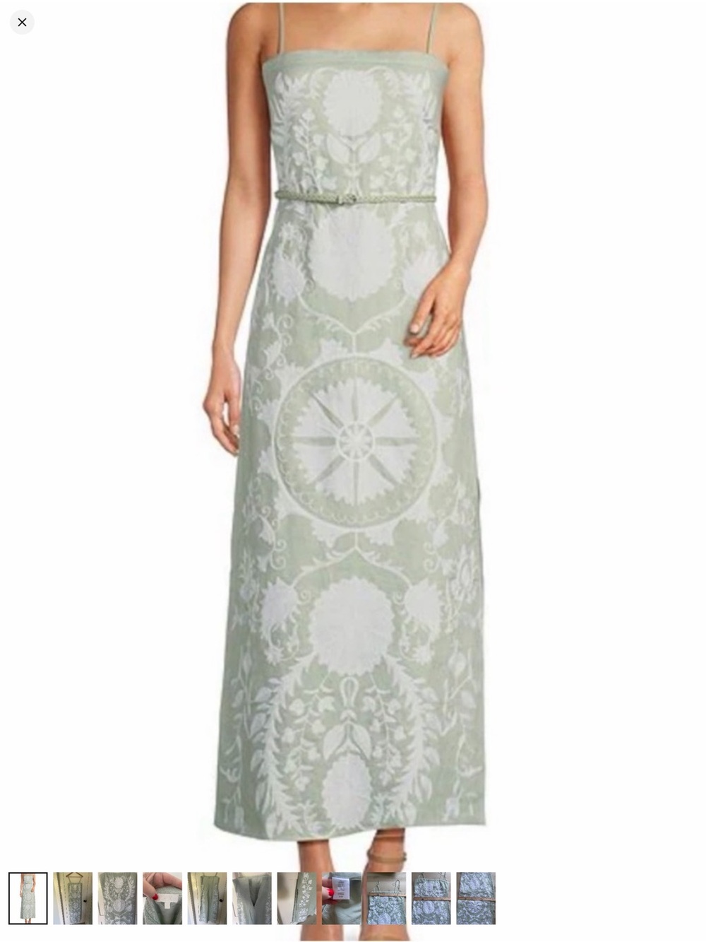 Strapless Sage Green Embroidered Maxi Dress with Slim Belt size small